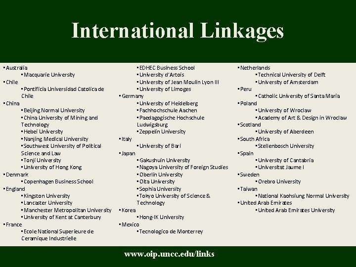 International Linkages • Australia • Macquarie University • Chile • Pontificia Universidad Catolica de