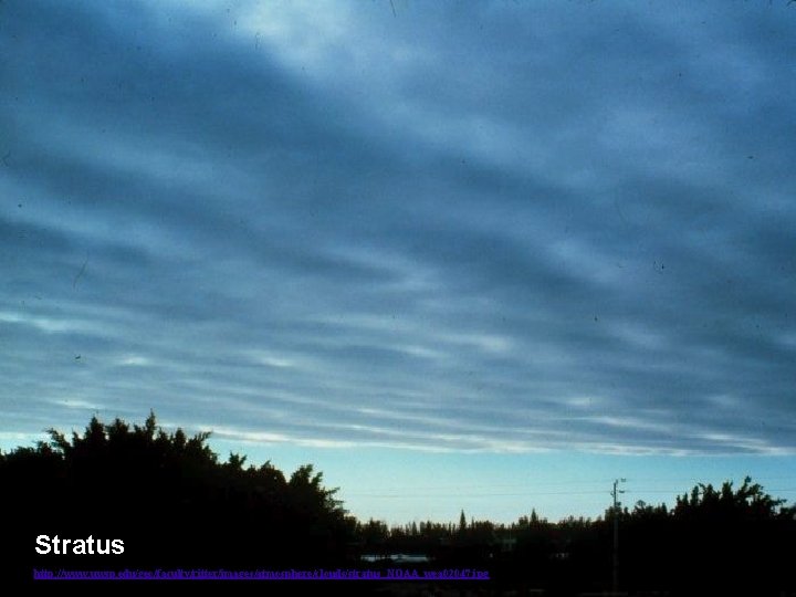 Stratus http: //www. uwsp. edu/geo/faculty/ritter/images/atmosphere/clouds/stratus_NOAA_wea 02047. jpg 