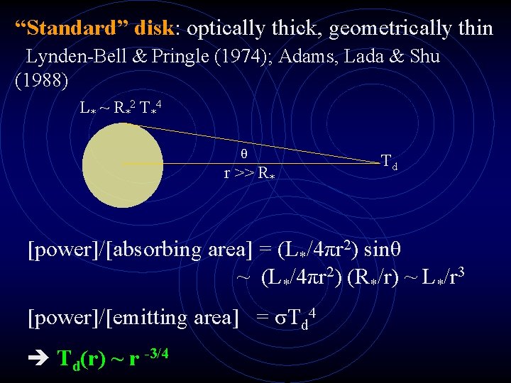 “Standard” disk: optically thick, geometrically thin Lynden-Bell & Pringle (1974); Adams, Lada & Shu