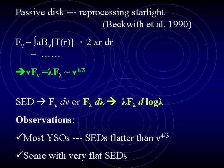 Passive disk --- reprocessing starlight (Beckwith et al. 1990) Fν = ∫πBν[T(r)] ．2 πr