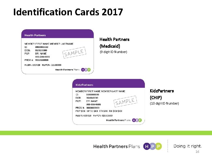 Identification Cards 2017 Health Partners (Medicaid) (9 digit ID Number) Kidz. Partners (CHIP) (10