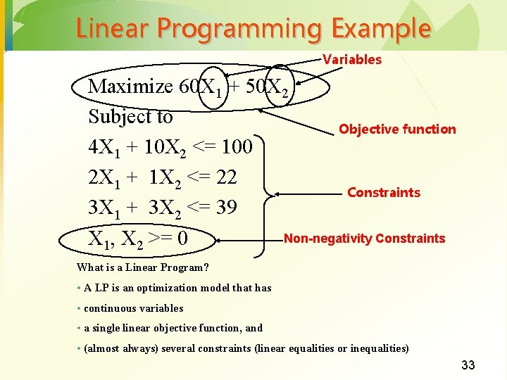 Linear Programming Example Variables Maximize 60 X 1 + 50 X 2 Subject to