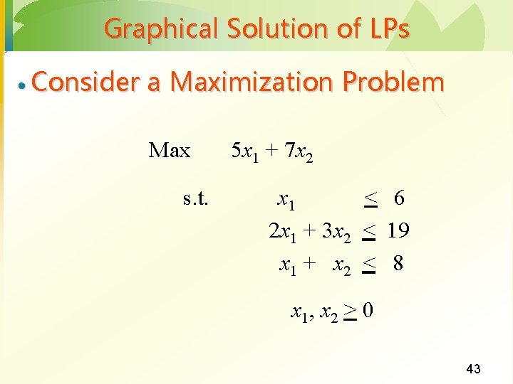 Graphical Solution of LPs · Consider a Maximization Problem Max s. t. 5 x