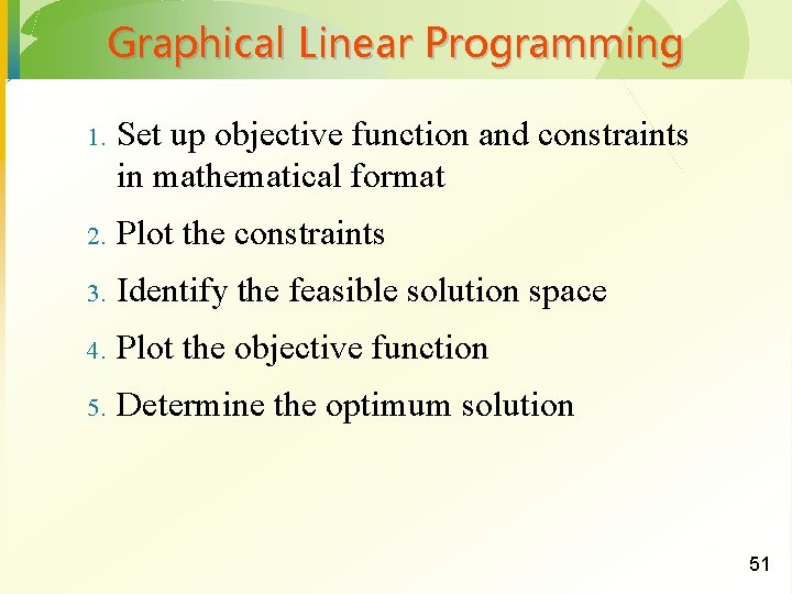 Graphical Linear Programming 1. Set up objective function and constraints in mathematical format 2.