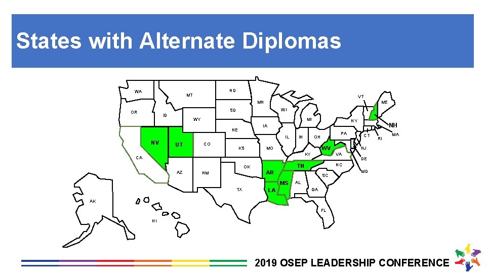 States with Alternate Diplomas WA ND MT VT MN OR ME WI SD ID