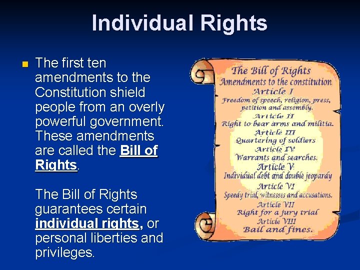 Individual Rights n The first ten amendments to the Constitution shield people from an