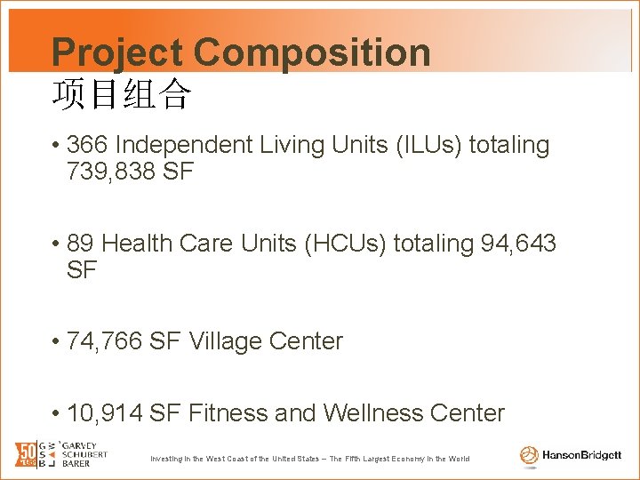 Project Composition 项目组合 • 366 Independent Living Units (ILUs) totaling 739, 838 SF •