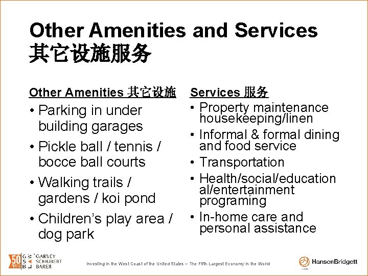 Other Amenities and Services 其它设施服务 Other Amenities 其它设施 Services 服务 • Parking in under