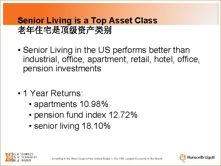 Senior Living is a Top Asset Class 老年住宅是顶级资产类别 • Senior Living in the US