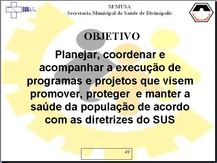 OBJETIVO Planejar, coordenar e acompanhar a execução de programas e projetos que visem promover,