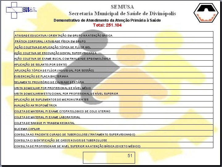 Demonstrativo de Atendimento da Atenção Primária à Saúde Total: 251. 104 ATIVIDADE EDUCATIVA /