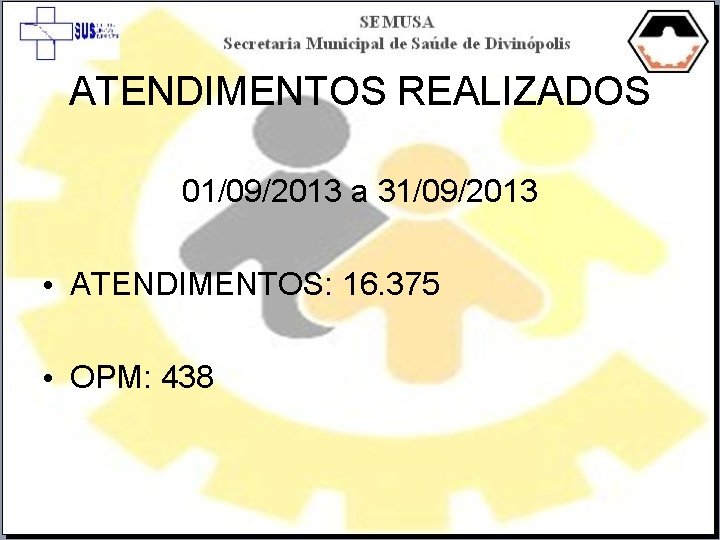 ATENDIMENTOS REALIZADOS 01/09/2013 a 31/09/2013 • ATENDIMENTOS: 16. 375 • OPM: 438 