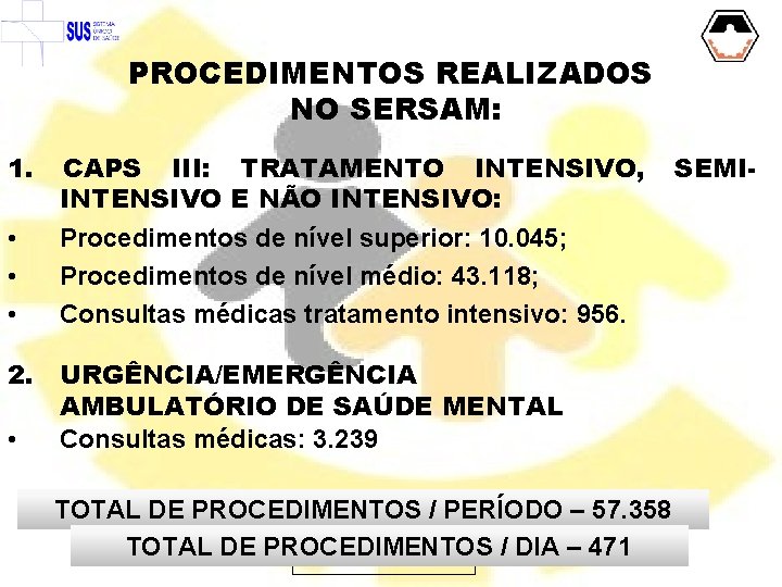 PROCEDIMENTOS REALIZADOS NO SERSAM: 1. • • • CAPS III: TRATAMENTO INTENSIVO, INTENSIVO E