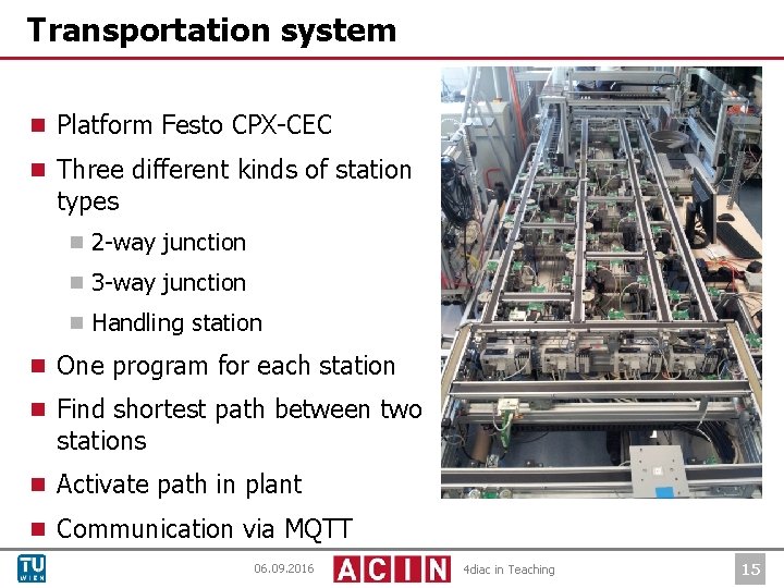 Transportation system ¾ Platform Festo CPX-CEC ¾ Three different kinds of station types ¾