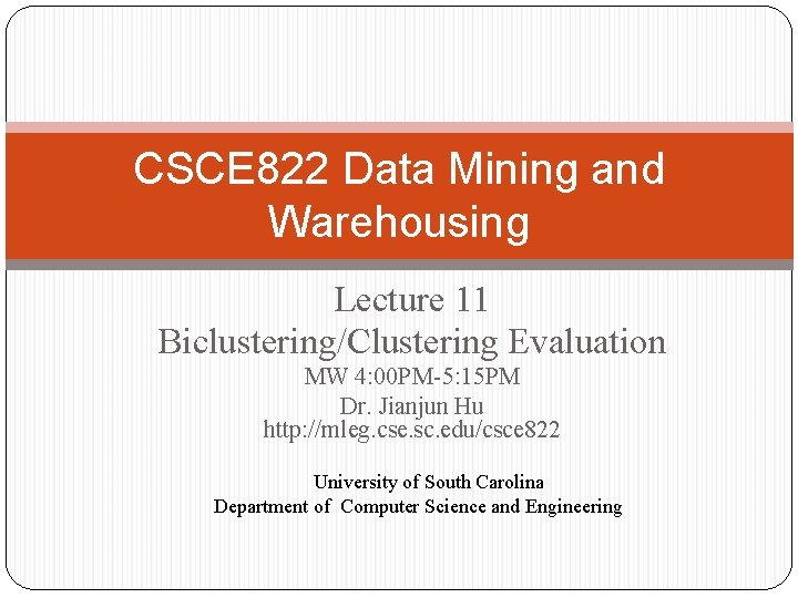 CSCE 822 Data Mining and Warehousing Lecture 11 Biclustering/Clustering Evaluation MW 4: 00 PM-5: