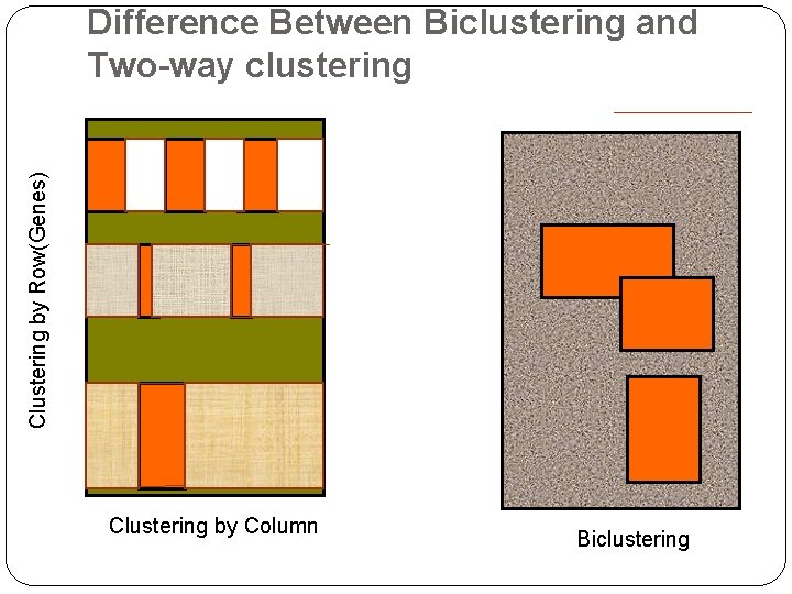 Clustering by Row(Genes) Difference Between Biclustering and Two-way clustering Clustering by Column Biclustering 