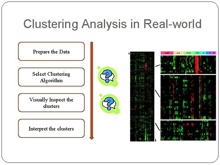 Clustering Analysis in Real-world Prepare the Data Select Clustering Algorithm Visually Inspect the clusters