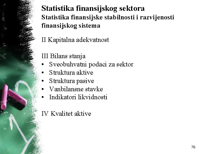 Statistika finansijskog sektora Statistika finansijske stabilnosti i razvijenosti finansijskog sistema II Kapitalna adekvatnost III