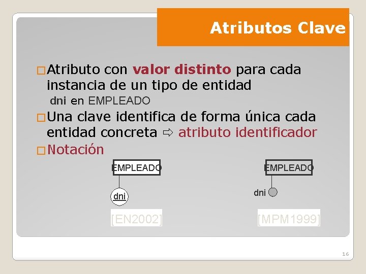 Atributos Clave �Atributo con valor distinto para cada instancia de un tipo de entidad