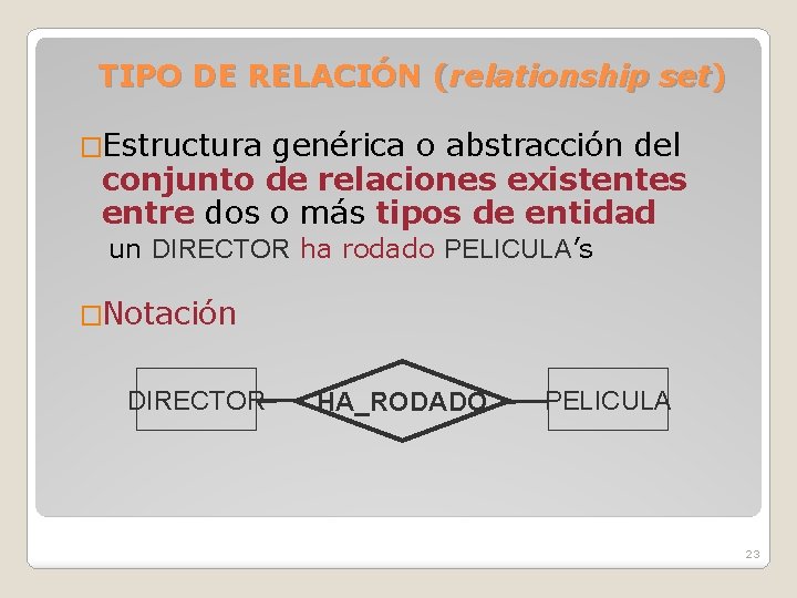 TIPO DE RELACIÓN (relationship set) �Estructura genérica o abstracción del conjunto de relaciones existentes