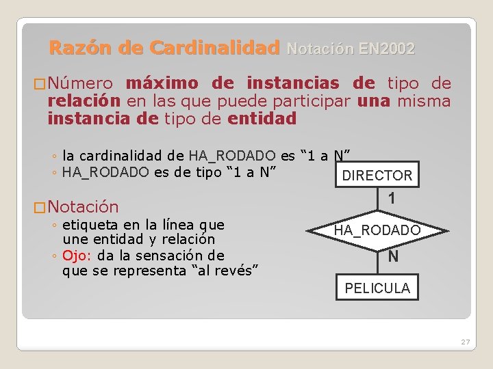 Razón de Cardinalidad Notación EN 2002 � Número máximo de instancias de tipo de