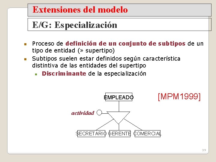 Extensiones del modelo E/G: Especialización Proceso de definición de un conjunto de subtipos de