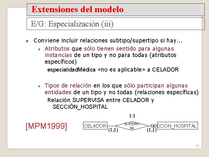 Extensiones del modelo E/G: Especialización (iii) Conviene incluir relaciones subtipo/supertipo si hay. . .