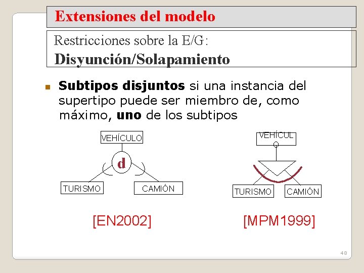 Extensiones del modelo Restricciones sobre la E/G: Disyunción/Solapamiento Subtipos disjuntos si una instancia del