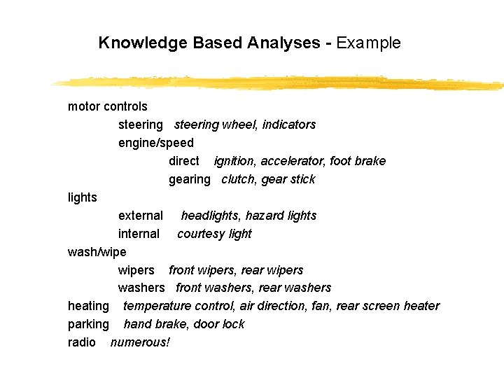 Knowledge Based Analyses - Example motor controls steering wheel, indicators engine/speed direct ignition, accelerator,