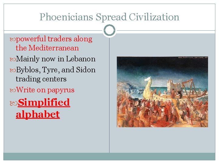 Phoenicians Spread Civilization powerful traders along the Mediterranean Mainly now in Lebanon Byblos, Tyre,