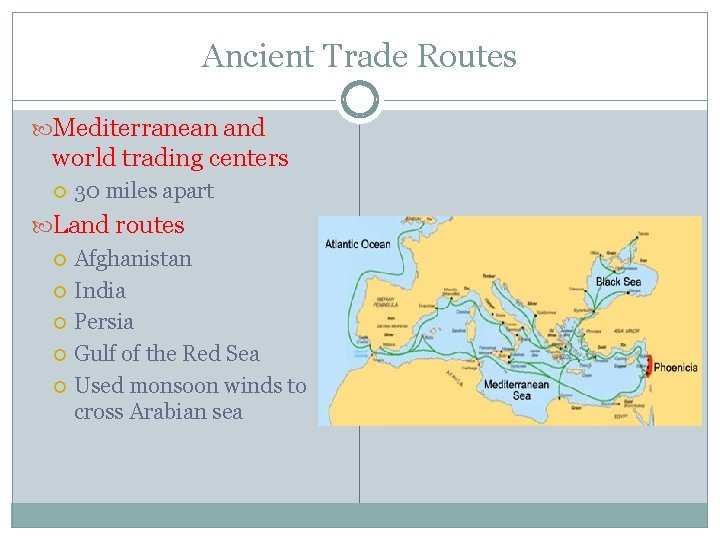 Ancient Trade Routes Mediterranean and world trading centers 30 miles apart Land routes Afghanistan