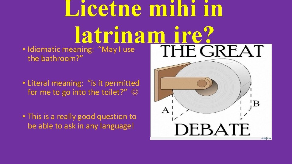 Licetne mihi in latrinam ire? • Idiomatic meaning: “May I use the bathroom? ” Licetne mihi in latrinam ire? • Idiomatic meaning: “May I use the bathroom? ”