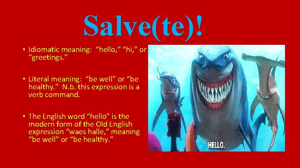 Salve(te)! • Idiomatic meaning: “hello, ” “hi, ” or “greetings. ” • Literal meaning: Salve(te)! • Idiomatic meaning: “hello, ” “hi, ” or “greetings. ” • Literal meaning: