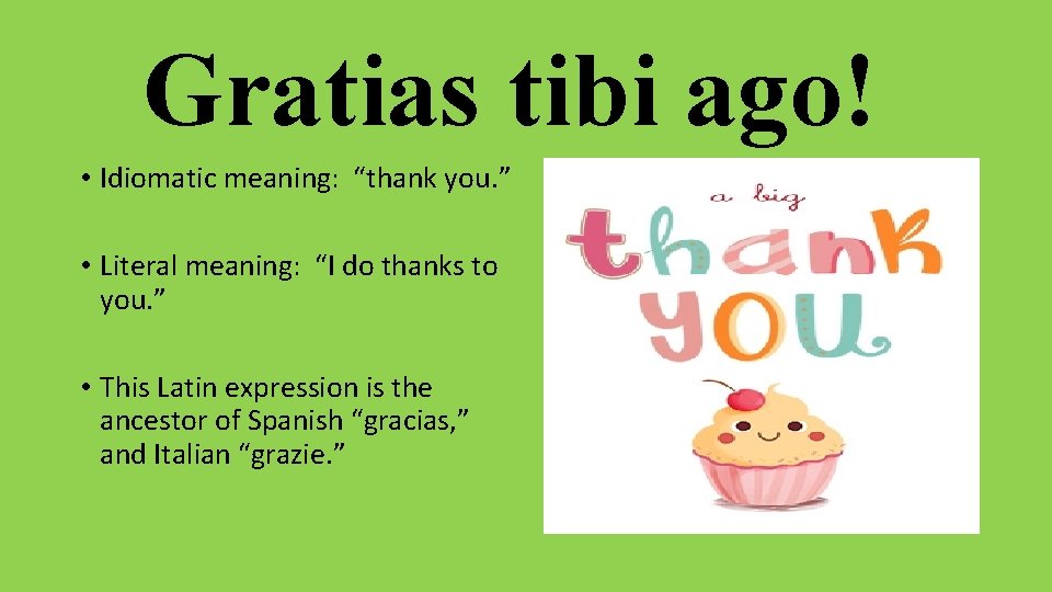 Gratias tibi ago! • Idiomatic meaning: “thank you. ” • Literal meaning: “I do Gratias tibi ago! • Idiomatic meaning: “thank you. ” • Literal meaning: “I do