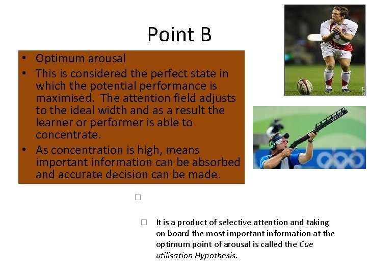 Point B • Optimum arousal • This is considered the perfect state in which