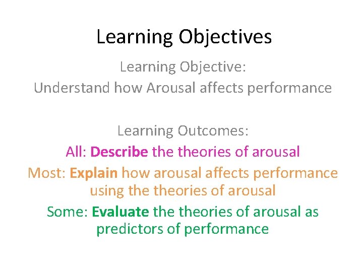 Learning Objectives Learning Objective: Understand how Arousal affects performance Learning Outcomes: All: Describe theories