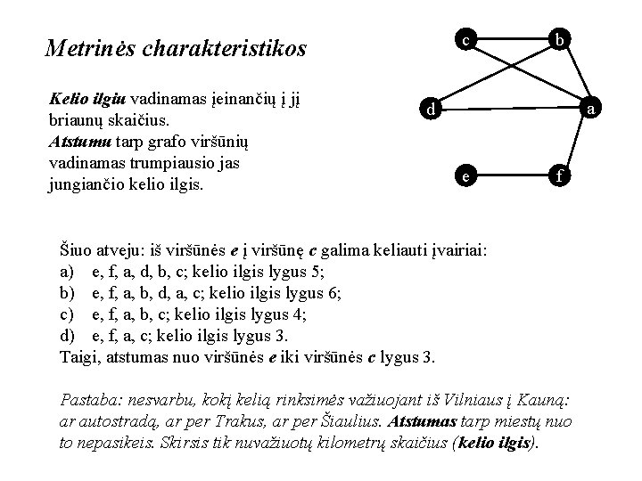 c Metrinės charakteristikos Kelio ilgiu vadinamas įeinančių į jį briaunų skaičius. Atstumu tarp grafo