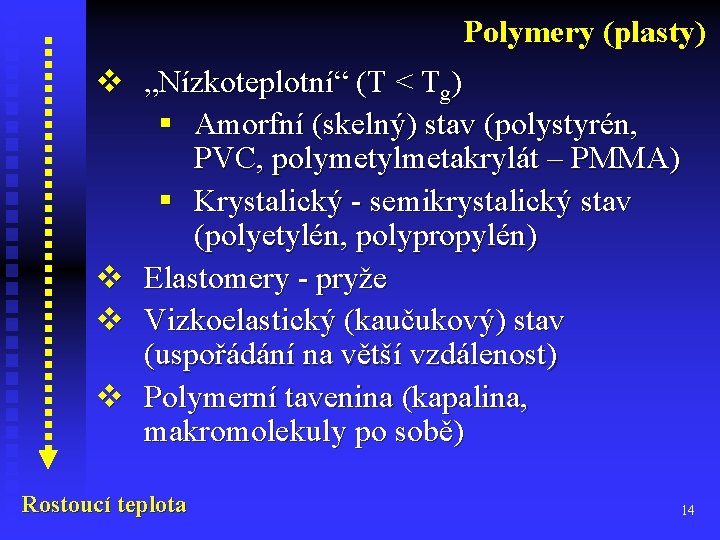 Polymery (plasty) v „Nízkoteplotní“ (T < Tg) § Amorfní (skelný) stav (polystyrén, PVC, polymetylmetakrylát