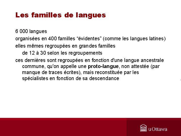 Les familles de langues 6 000 langues organisées en 400 familles “évidentes” (comme les