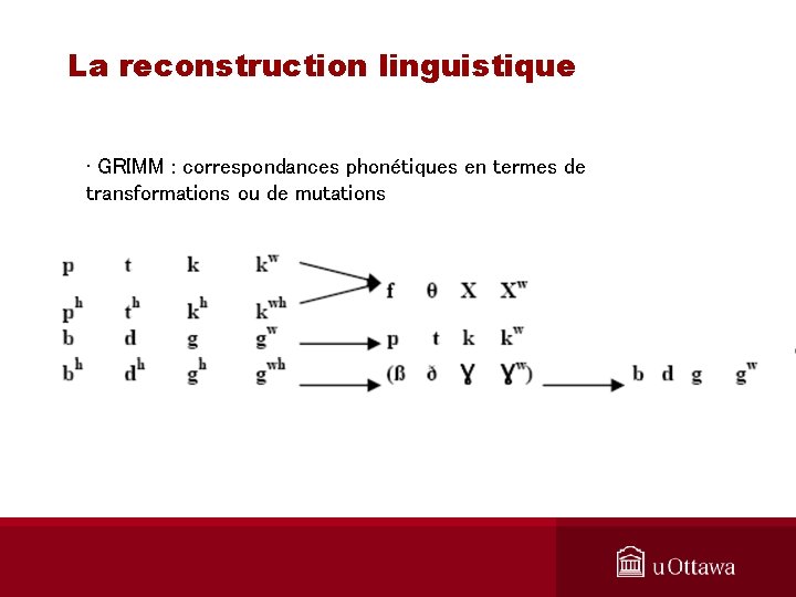 La reconstruction linguistique • GRIMM : correspondances phonétiques en termes de transformations ou de