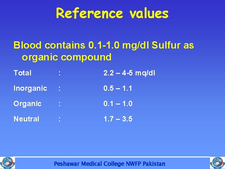 Reference values Blood contains 0. 1 -1. 0 mg/dl Sulfur as organic compound Total