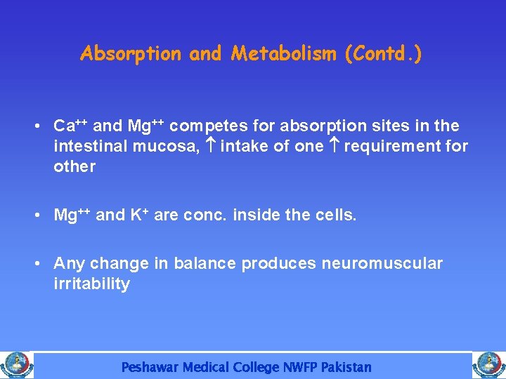 Absorption and Metabolism (Contd. ) • Ca++ and Mg++ competes for absorption sites in