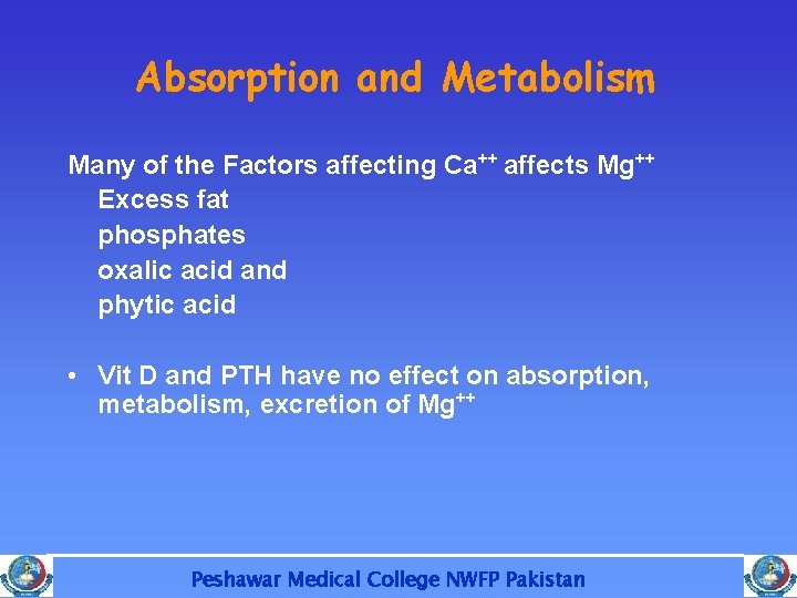 Absorption and Metabolism Many of the Factors affecting Ca++ affects Mg++ Excess fat phosphates