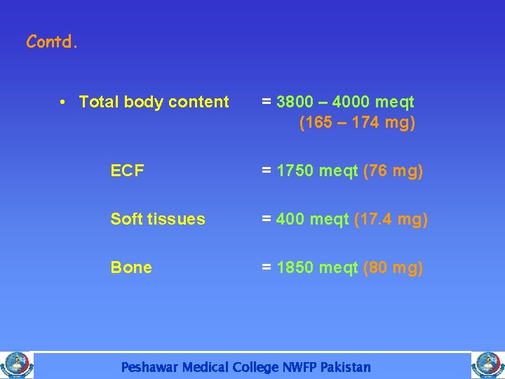 Contd. • Total body content = 3800 – 4000 meqt (165 – 174 mg)