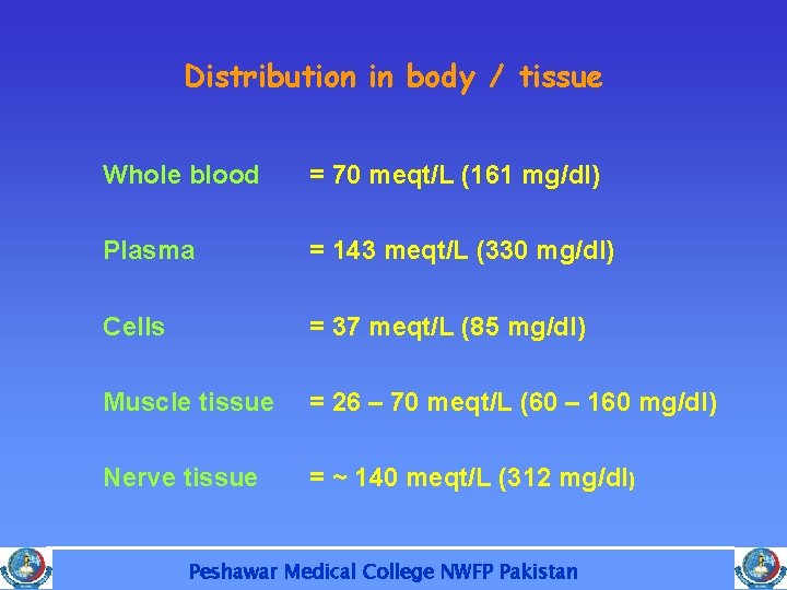 Distribution in body / tissue Whole blood = 70 meqt/L (161 mg/dl) Plasma =