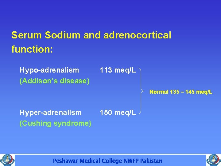 Serum Sodium and adrenocortical function: Hypo-adrenalism (Addison’s disease) 113 meq/L Normal 135 – 145