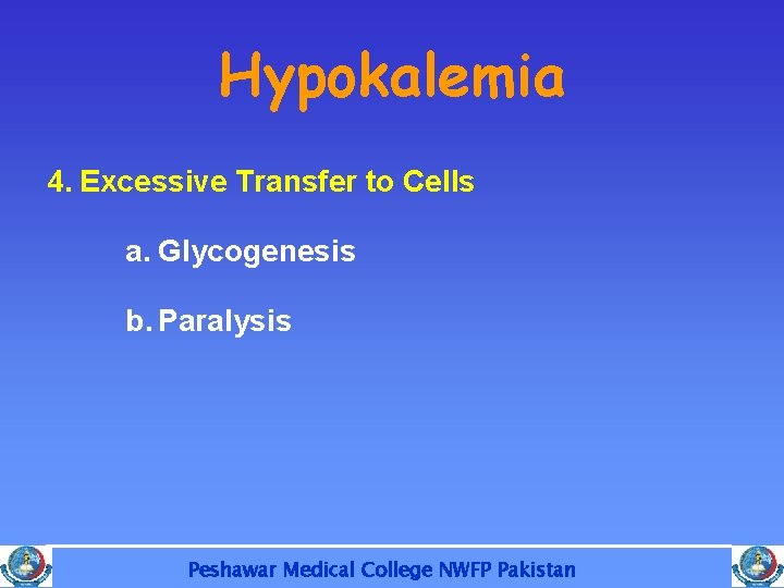 Hypokalemia 4. Excessive Transfer to Cells a. Glycogenesis b. Paralysis Peshawar Medical College NWFP