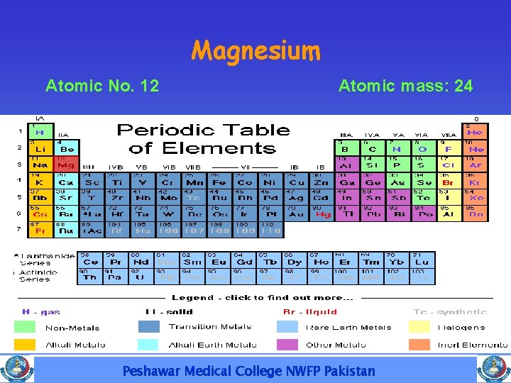 Magnesium Atomic No. 12 Atomic mass: 24 Peshawar Medical College NWFP Pakistan 