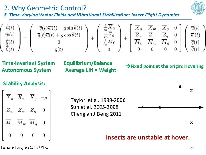 2. Why Geometric Control? 3. Time-Varying Vector Fields and Vibrational Stabilization: Insect Flight Dynamics