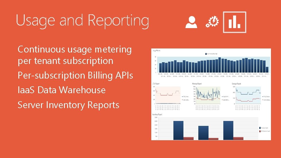 Usage and Reporting Continuous usage metering per tenant subscription Per-subscription Billing APIs Iaa. S